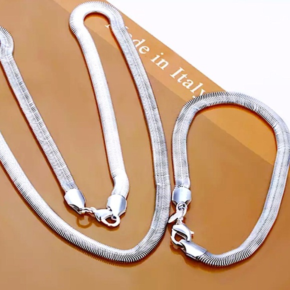 Sterling Silver Flat Snake Chain Necklace Matching Bracelet Set - Picture 2 of 10